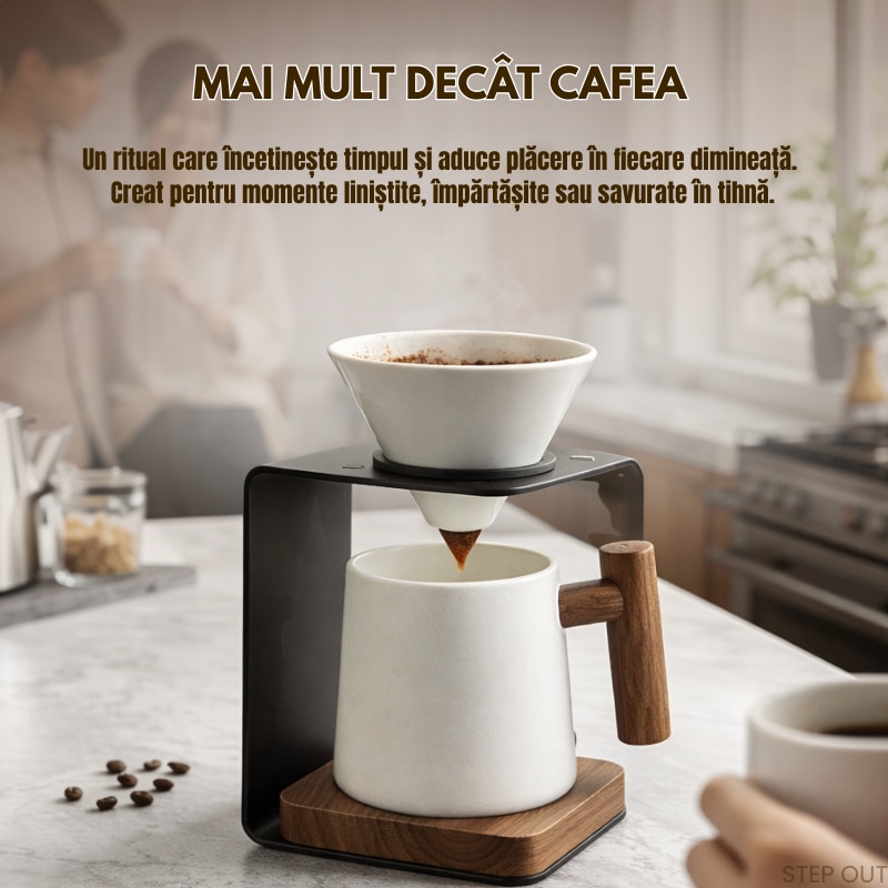 Set premium pentru prepararea cafelei manuale STEP OUT®, Filtru ceramic reutilizabil, Cana de cafea, Suport metalic stabil cu elemente din lemn natural, Design industrial-modern+10 filtre incluse
