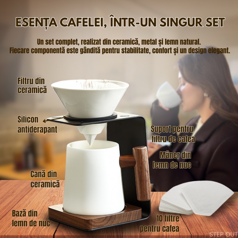 Set premium pentru prepararea cafelei manuale STEP OUT®, Filtru ceramic reutilizabil, Cana de cafea, Suport metalic stabil cu elemente din lemn natural, Design industrial-modern+10 filtre incluse