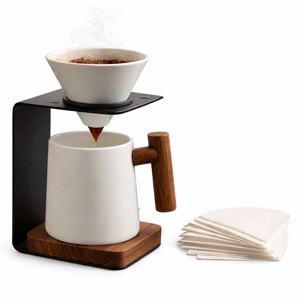 Set premium pentru prepararea cafelei manuale STEP OUT®, Filtru ceramic reutilizabil, Cana de cafea, Suport metalic stabil cu elemente din lemn natural, Design industrial-modern+10 filtre incluse