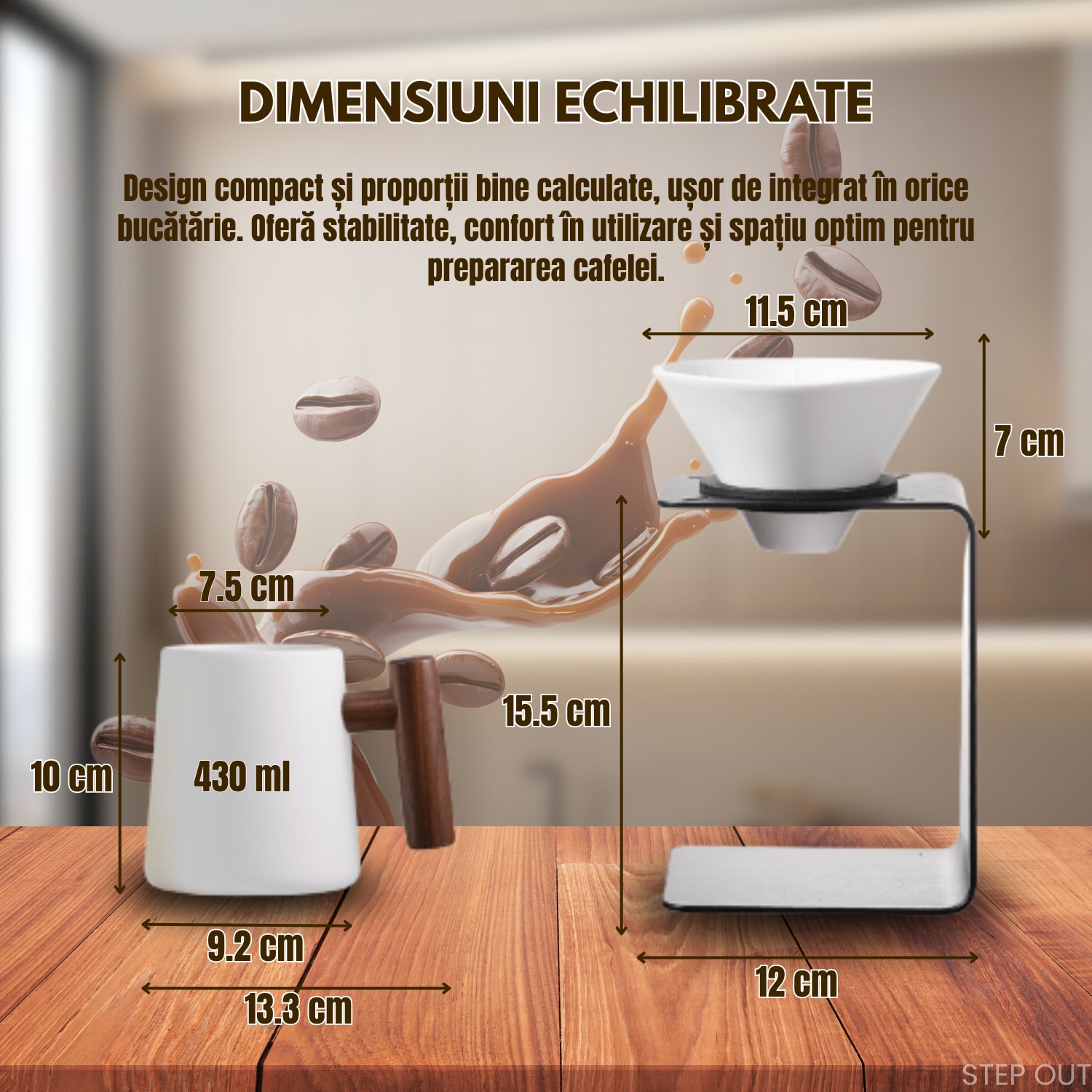 Set premium pentru prepararea cafelei manuale STEP OUT®, Filtru ceramic reutilizabil, Cana de cafea, Suport metalic stabil cu elemente din lemn natural, Design industrial-modern+10 filtre incluse