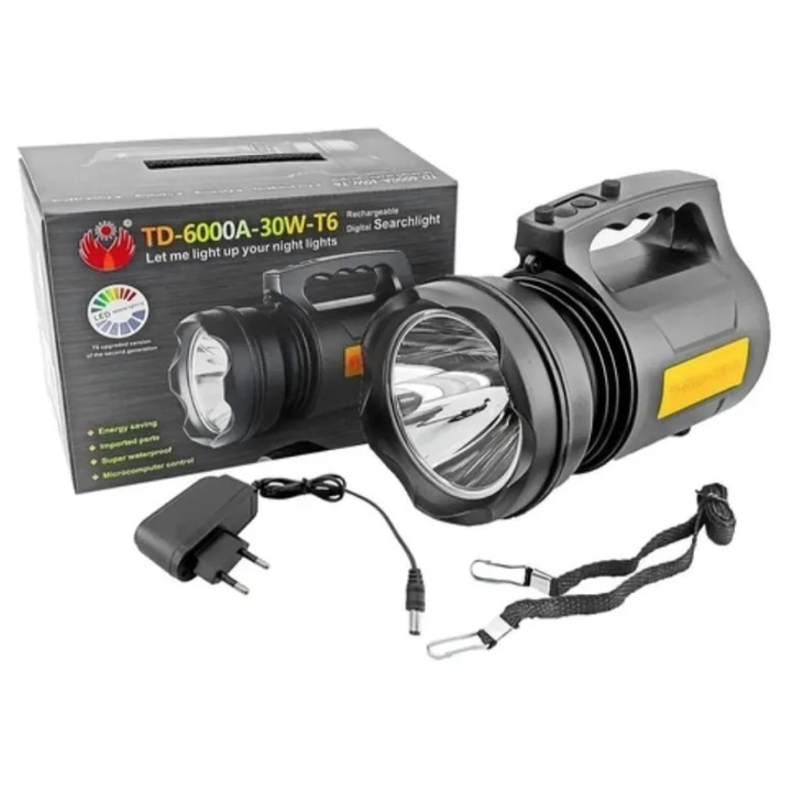 Професионален LED фенер TD 6000A T6 30 W, вградена акумулаторна батерия, черен