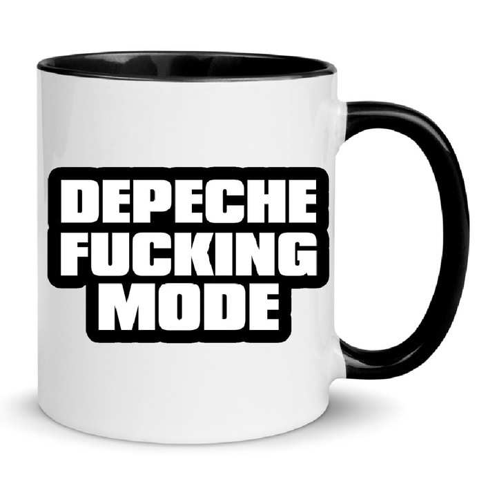 Cana Depeche Mode, ceramica, 330ml, alb cu negru, ergonomic, lavabila la masina de spalat