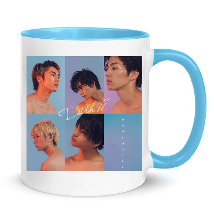 Cana ceramica Dish Music Band No1, 330ml, alb cu detalii albastre, rezistenta la masina de spalat si cuptor cu microunde