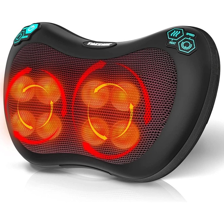 Perna Masaj Shiatsu Infrarosu, ORTOSAN®, Perna Masaj Shiatsu Cu 8 Bile Si 2 Capete Rotative, Perna Masaj Shiatsu Pentru Gat, Spate, Lombar Si Umeri, Incalzire 45°C, Oprire Automata, Adaptor Priza Si Auto 12V Inclus, Negru