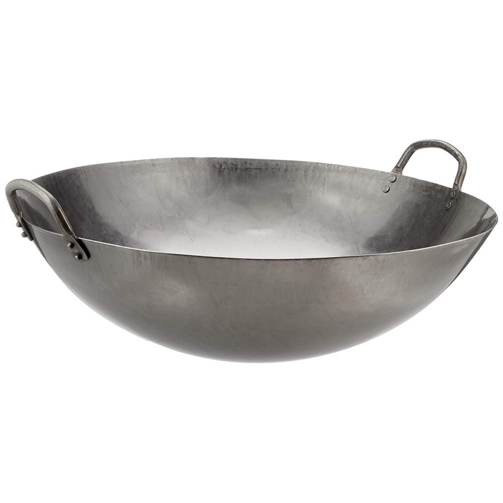 Wok JADE TEMPLE din otel carbon, cu baza rotunda si 45 cm diametru, cu maner dublu, gri