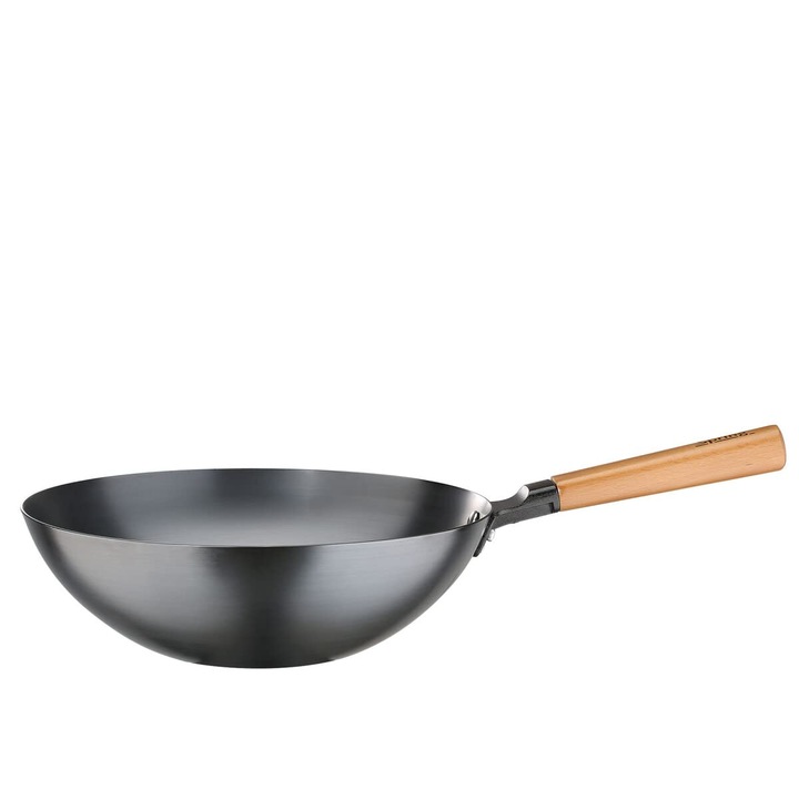 Tigaie wok cu arc CANTON, otel carbon cu maner din lemn, 30 cm