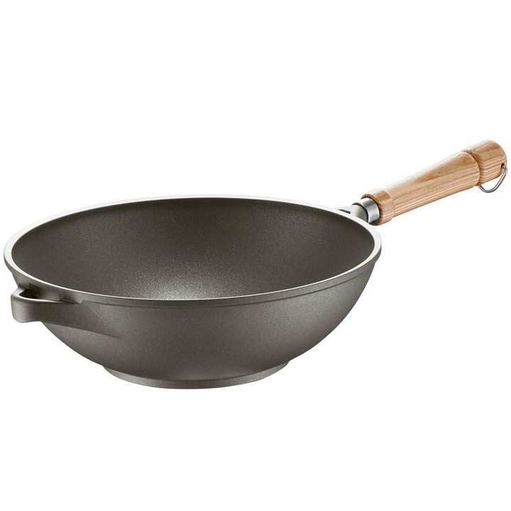Berndes Veggi Wok Bonanza Induction 28 cm, tigaie wok cu acoperire antiaderenta in 3 straturi si maner din lemn, potrivita pentru toate sobele, aluminiu turnat robust, acoperire antiaderenta, negru