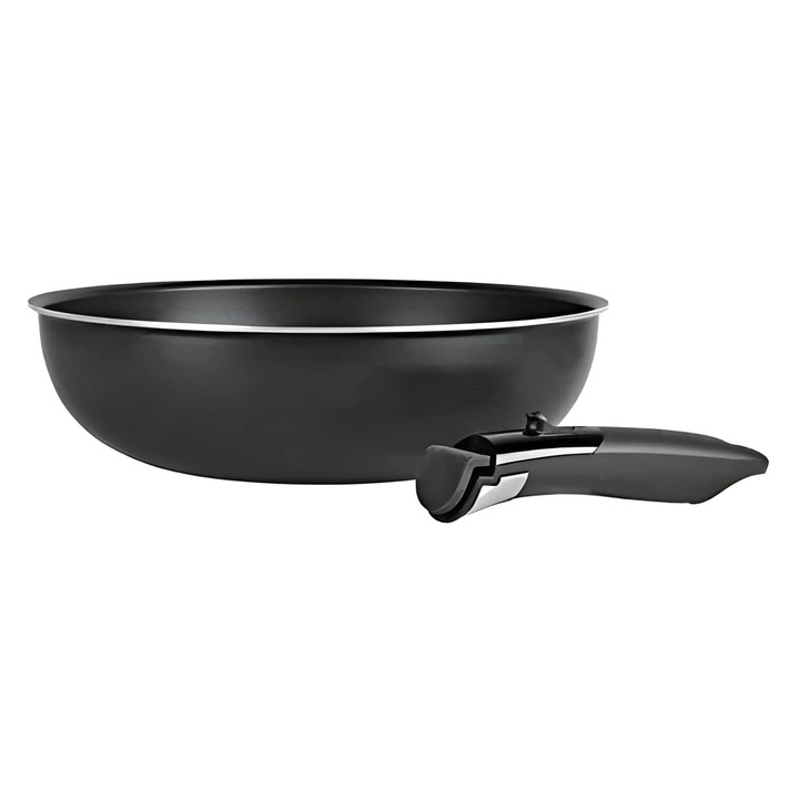 Sitram 713777 wok, aluminiu, Ø 28 cm, culoare: negru, maner detasabil SITRAMOVIBLE, pentru toate sobele, inclusiv cu inductie, invelis antiaderent negru fara PFOA