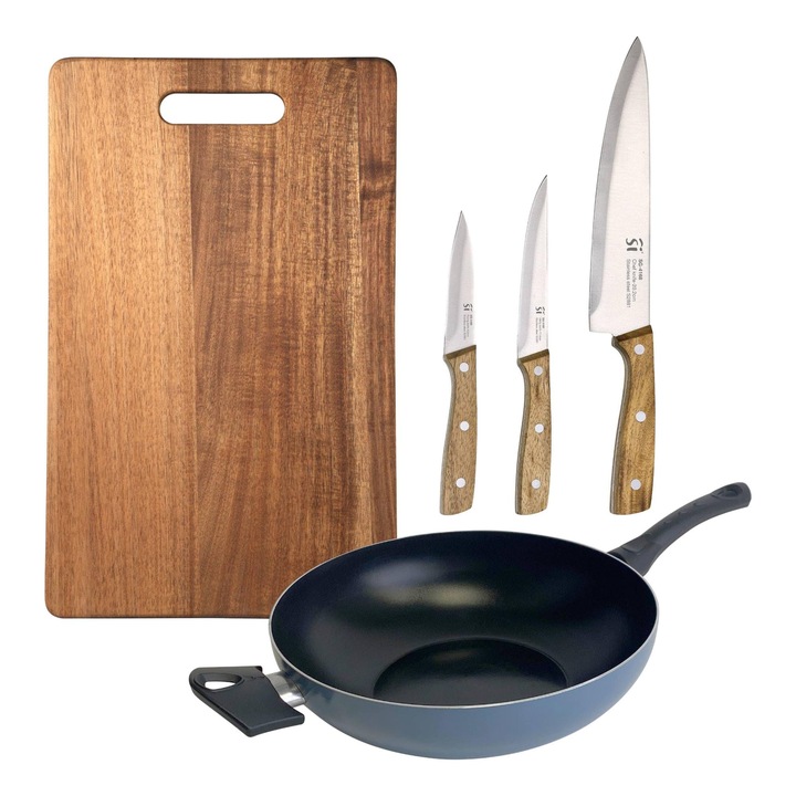 Wok cu diametrul de 30 cm, din aluminiu presat, albastru, 3 oale inox + placa de taiere 40 x 25 cm NOIA San Ignacio