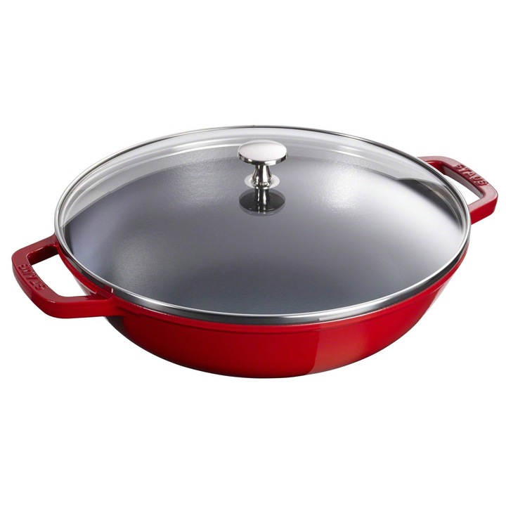 Wok STAUB din fonta, interior emailat, 30 cm, inclusiv capac din sticla, pentru toate tipurile de sobe inclusiv cu inductie, rosu visiniu