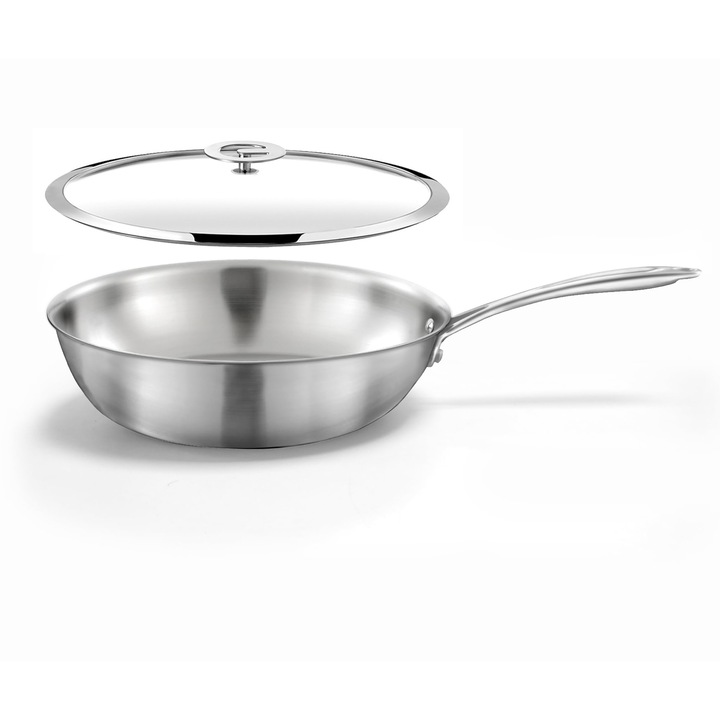 Cuisinox Gourmet Wok 28 cm Otel inoxidabil, Triply, Potrivit pentru toate tipurile de plite, inclusiv cu inductie, Otel inoxidabil 18/10, Finisaj satinat, Maner ferm, Fara PFAS, PTFE, PFOA, Fabricat in Franta