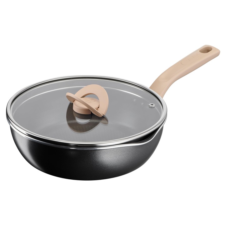 Tefal One Pick Pot G1668704 tigaie adanca, 24 cm, pentru 3 persoane, inductie, versatila, capac, acoperire antiaderenta rezistenta, tehnologie de semnal termic, negru