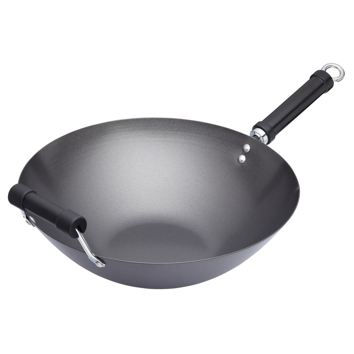KitchenCraft World of Flavours Wok Carbon antiaderent, wok din otel carbon, tigaie foarte mare, 36 cm (14 inchi), negru