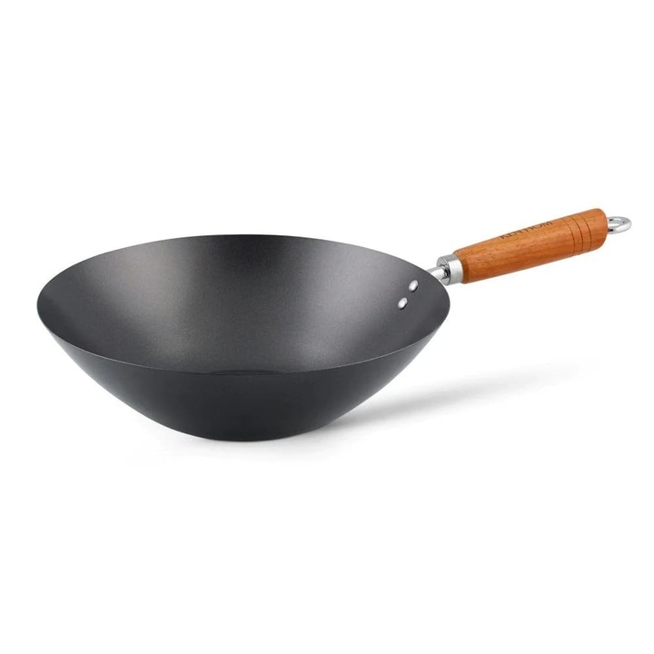 Ken Hom tigaie wok din otel carbon de 35 cm cu acoperire antiaderenta, clasica, non-inductie/maner din lemn/tava cu fund plat, nu se poate spala in masina de spalat vase