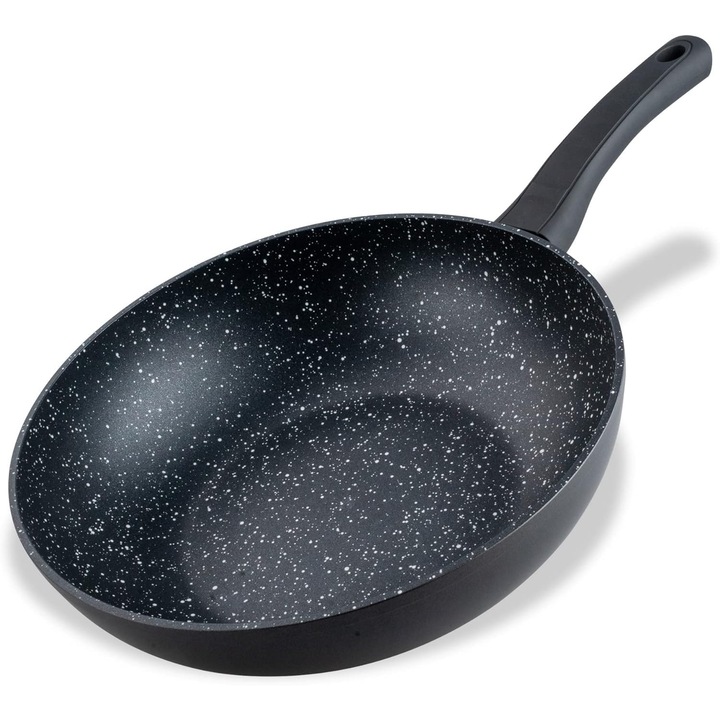 Tigaie wok Fackelmann Marble 28 cm, wok antiaderent din aluminiu reciclat 90% cu maner ergonomic din plastic, wok mare cu margine inalta pentru gatit, potrivit pentru inductie