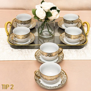 Set cesti cafea ceramica cu farfurioare, 12 piese, alb cu auriu, pentru 6 persoane, model elegant, ideal cadou