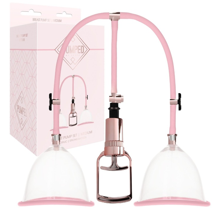 Set pompa pentru sani, Shots, 2 ventuze, furtun, manuala, roz, 12.8x12cm