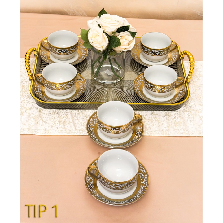 Set cesti cafea ceramica cu farfurioare, 12 piese, alb cu auriu, pentru 6 persoane, model elegant, ideal cadou