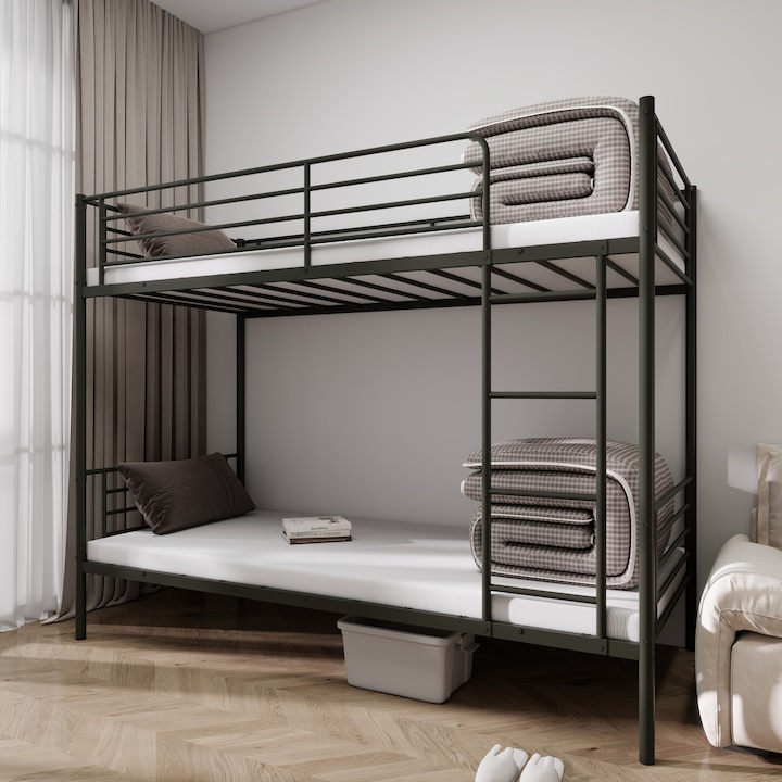 Pat Metalic Supraetajat Doctor Home, 90 x 200, Rezistenta 400 KG, 2 Persoane, Negru