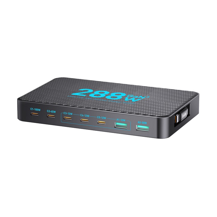 VeniSymlis® Station de Incarcare Birou 8 in 1 cu Tehnologie GaN 288W Ultra-Subtire, Incarcator Multi-Porturi cu Cablu Retractabil si Incarcare Rapida PD, Design Portabil Eficient pentru Utilizare Zilnic la