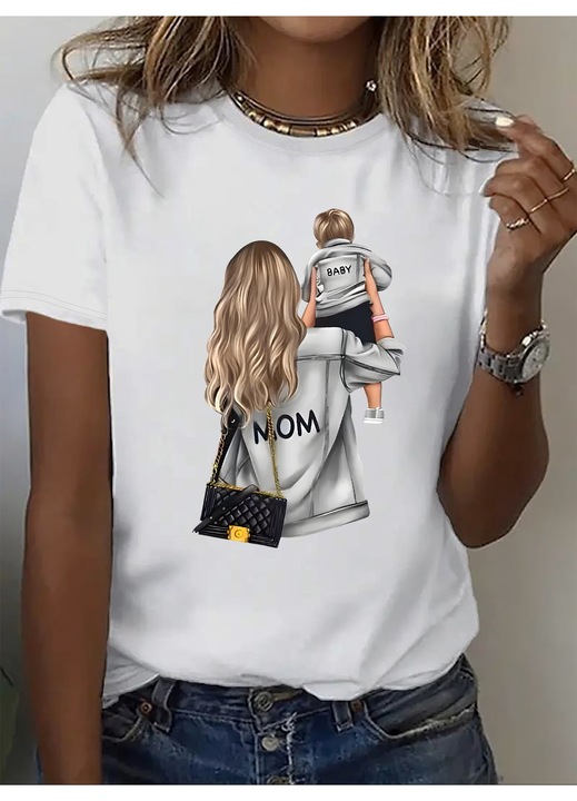 Tricou dama Mama si baiatul ei, Mom Love, casual, de zi cu zi, confortabil, usor cambrat, Alb