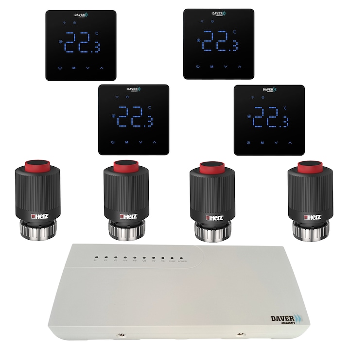 Daver SMART BLACK SQUARE automatizálási csomag elosztós fűtéshez 4 zónával és M28x1,5 Herz aktuátorokkal