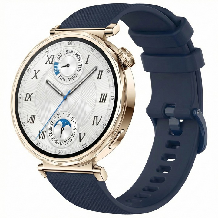 Szilikon szíj Huawei Watch GT4 41mm, GT 5 41mm, GT5 Pro 42mm, GT 6 41mm, Watch 5 42 mm, Xiaomi Watch S4 41mm, Realme Band 2, Garmin Forerunner 255S, Venu 2S 3S 4 41mm, Vivoactive 4S, 18 mm, Sötétkék