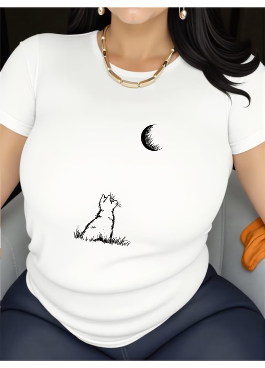 Tricou dama Pisic si Luna, lejer, de zi cu zi, confortabil, usor cambrat, Alb