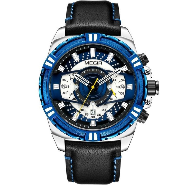 Ceas barbati, Megir KA-38557, cronograf, rezistent la apa, Negru/Albastru, 46x47mm