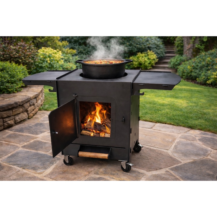 Soba pentru ceaun cu plita – otel gros, focar pe lemne, mese laterale, roti – Dinulescu Metal Art