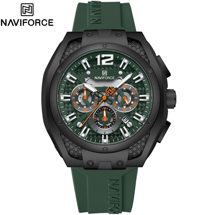 Ceas barbati, Naviforce MA-38611, negru/verde, cronograf, rezistent la apa, 46x13mm