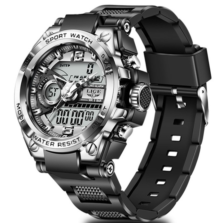 Ceas barbati, Lige RA-14664, negru/argintiu, otel inoxidabil, curea silicon, 4,5x4,5cm