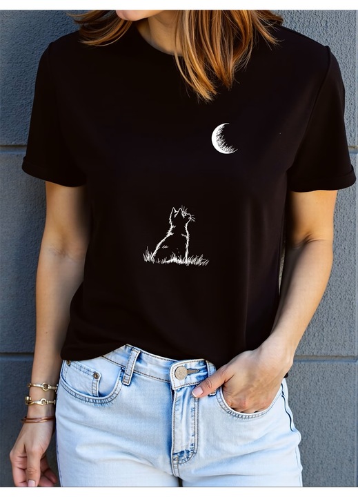 Tricou dama Pisic si Luna, lejer, de zi cu zi, confortabil, usor cambrat, Negru