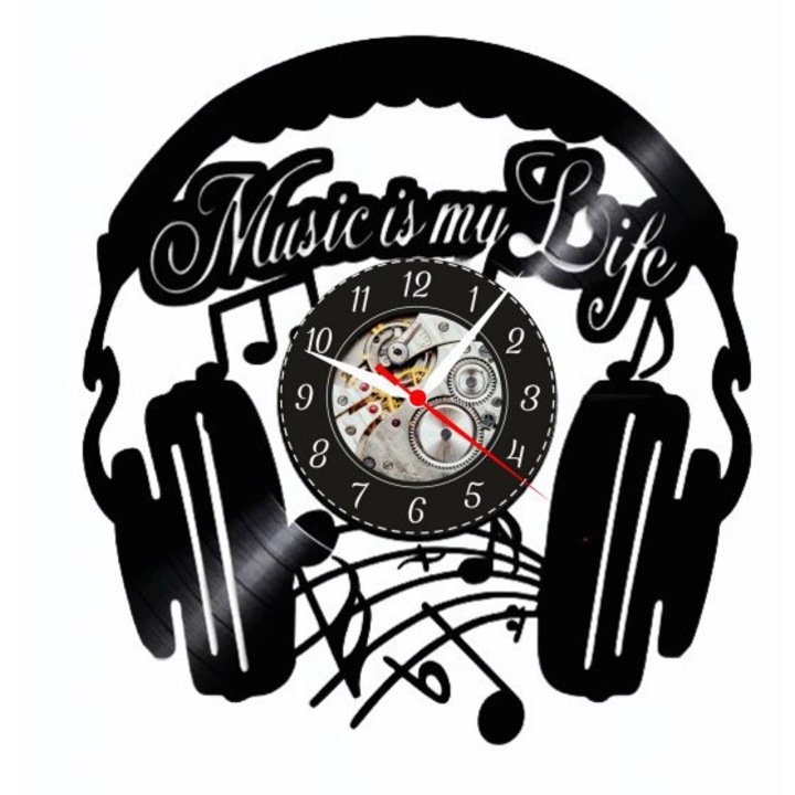 Dekoratív falióra "Music is my Life - Fejhallgató kiadás", bakelitlemezből (Vinyl Record) készült, Audio & Zene szerelmeseinek design