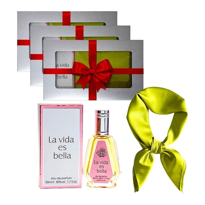 3 x szett Elysa – Apa de Parfum La Vida es Bella Fragrance World 50ml, Zöld szatén sál