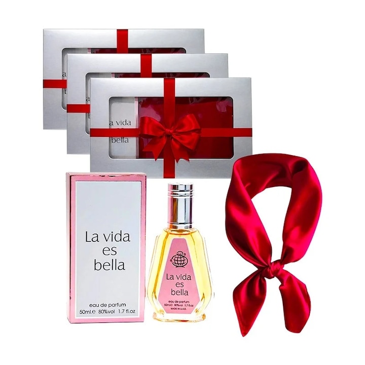 3 x szett Elysa – Eau de Parfum La Vida es Bella Fragrance World 50ml, Piros szatén sál