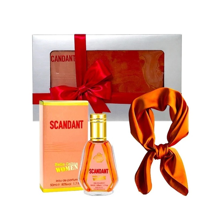 Set Elysa – Parfum Fragrance World Scandant Belle Celine Women 50ml, Esarfa satinata portocalie