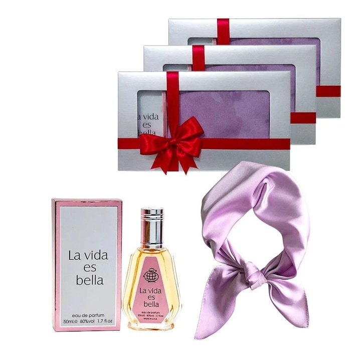 3 x Set Elysa – Apa de Parfum La Vida es Bella Fragrance World 50ml, Lila szatén sál