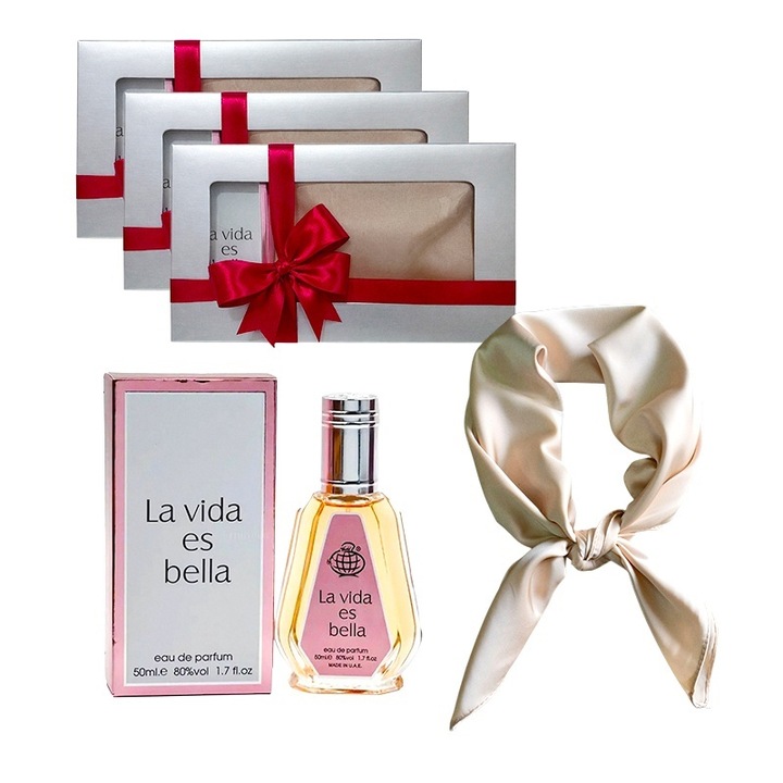 3 x szett Elysa – Eau de Parfum La Vida es Bella Fragrance World 50ml, Krémszínű szatén sál