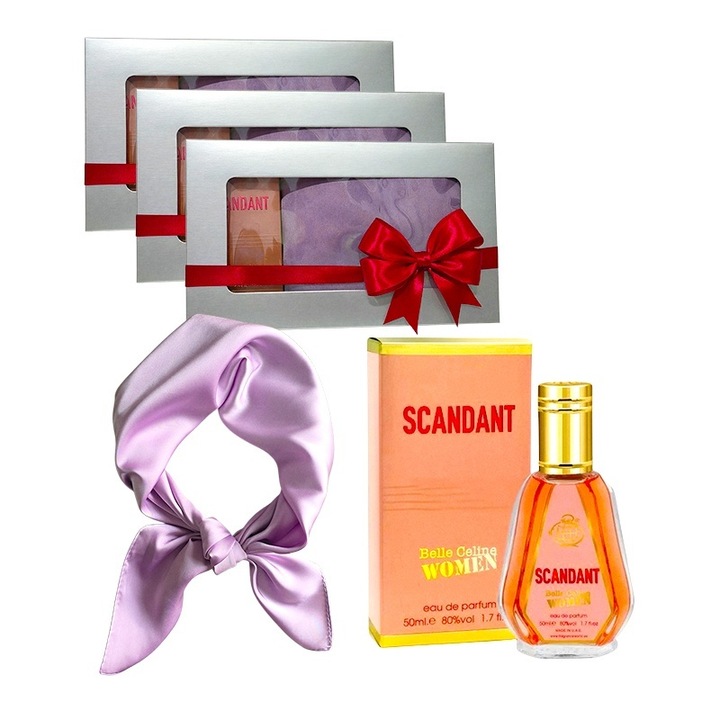 3 x Комплект Elysa – Парфюм Fragrance World Scandant Belle Celine Жени 50ml, Сатенен шал лилав