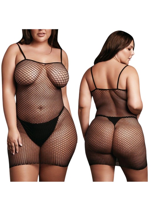 Rochie sexy scurta din plasa, Le Desir, neagra, cu bretele subtiri, 2XL-4XL INTL