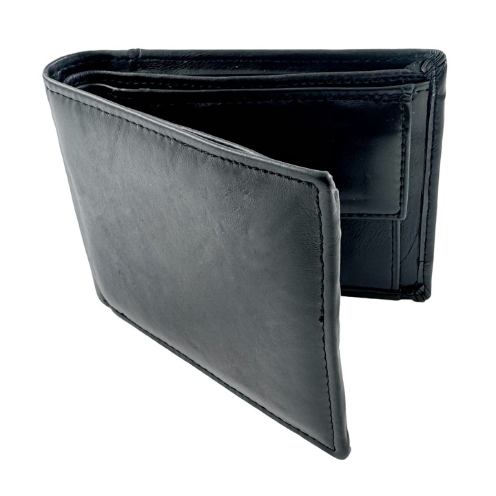 Portofel barbati din piele naturala TITA, model clasic bifold, compartiment monede cu capsa, 6 sloturi card, compartiment bancnote, cusaturi rezistente, ambalaj cadou inclus, negru