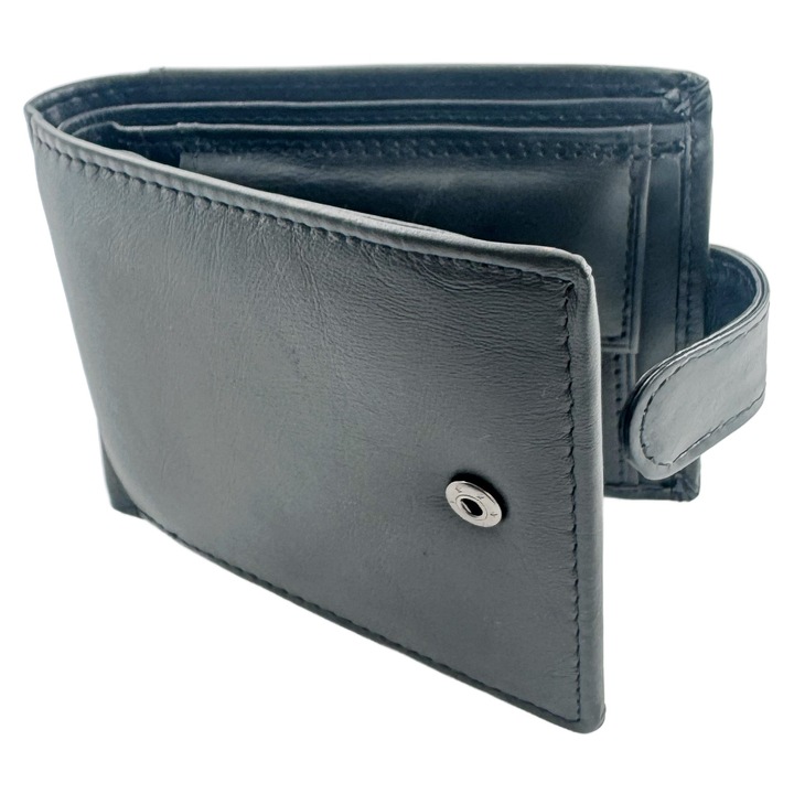 Portofel barbati din piele naturala TITA, model bifold cu inchidere capsa, sistem siguranta, Negru