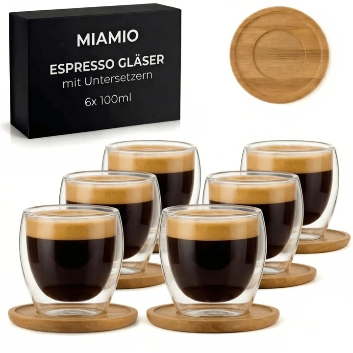 Set 6 Pahare Espresso Perete dublu, Sticla borosilicata, fara Toarta, cu Suport din Bambus, 100ml