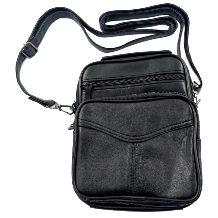 Geanta barbati din piele ecologica, tip borseta umar, 3 compartimente principale cu fermoar, buzunar frontal si posterior, bareta reglabila detasabila, format compact, Negru
