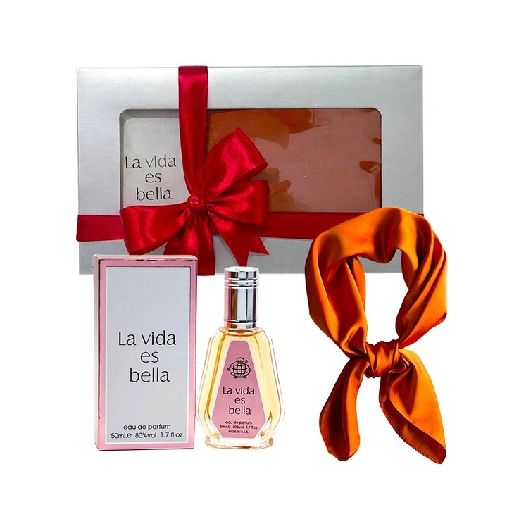 Set Elysa – Parfum La Vida es Bella Fragrance World 50ml, Esarfa satinata portocalie