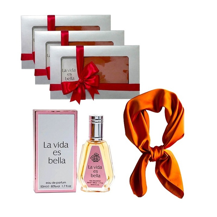 3 x Комплект Elysa – Парфюм La Vida es Bella Fragrance World 50ml, Оранжев сатенен шал