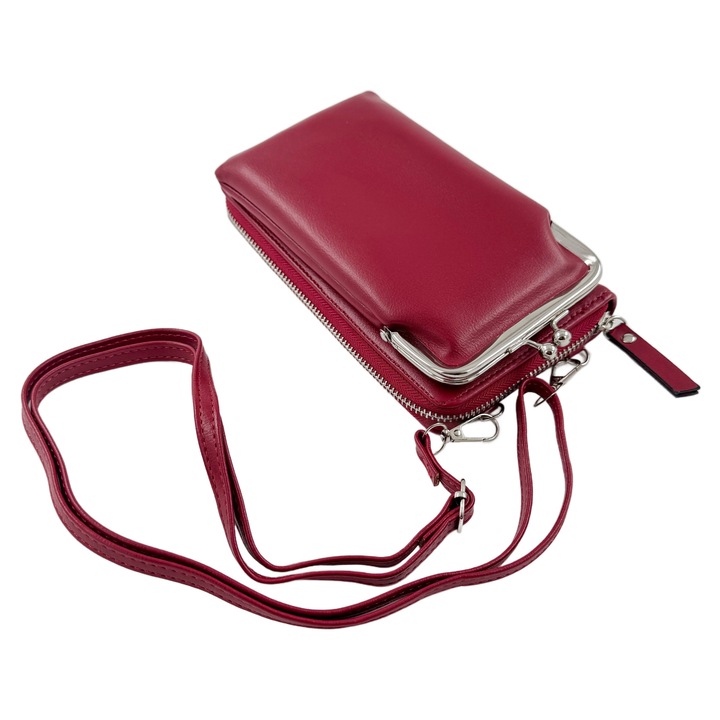 Portofel dama din piele ecologica, model lung cu fermoar perimetral, inchidere metalica tip clasp, compartiment monede cu fermoar, sloturi card multiple, bareta detasabila, rosu burgundy