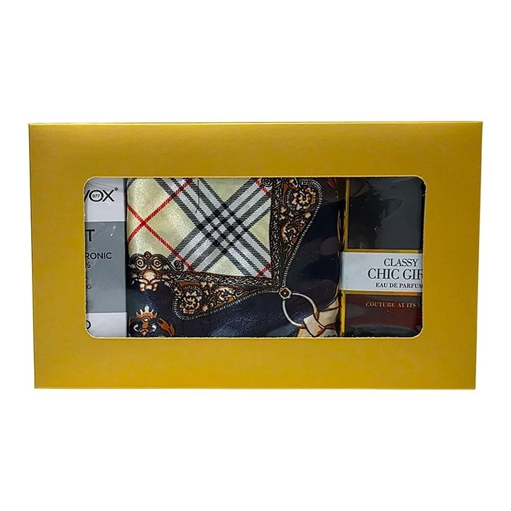 Set Elysa – Ser Revox Hyaluronic Acid 5% 30ml, Apa de Parfum Classy Chic Girl 50ml, Esarfa