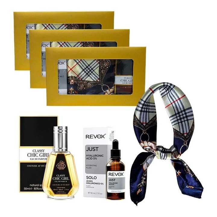 3 x szett Elysa – Revox hialuronsav 5% 30ml, Classy Chic Girl parfüm 50ml, Esarfa